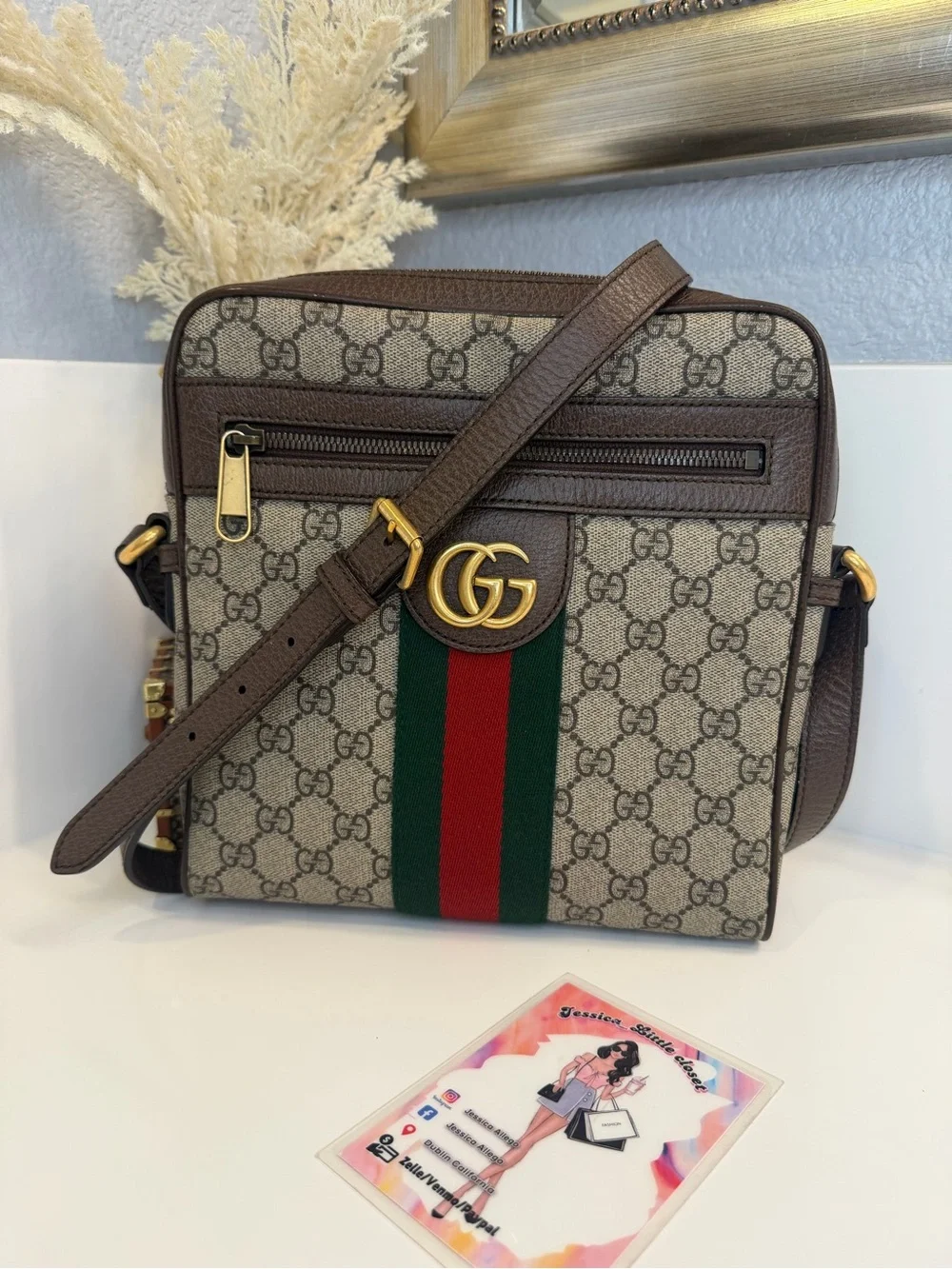 🎀GUCCI GG Supreme Monogram Web Small Ophidia Messenger Bag Brown